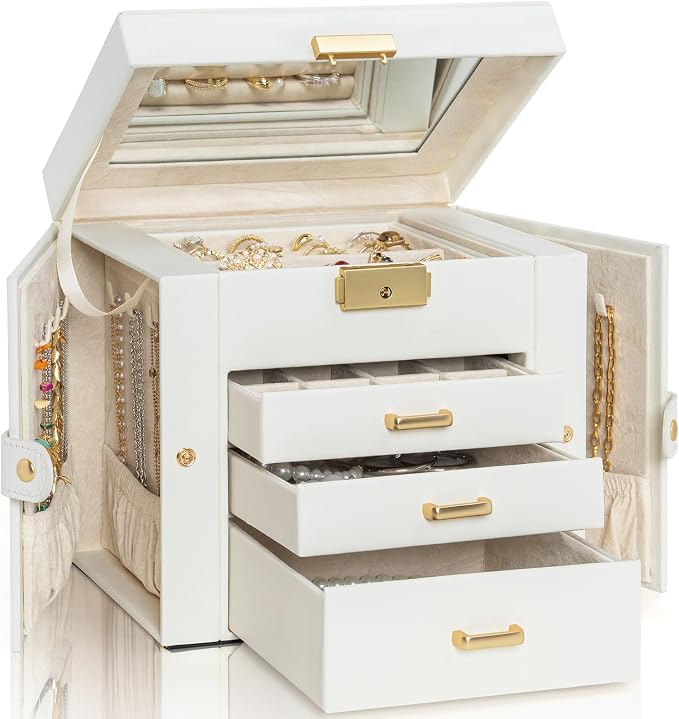 AKOZLIN 4-Tier Jewelry Box Leather Jewelry Storage Organizer with 3 Drawers Lockable for Women Girls Ring Necklace Earring Bracelet Holder with Mirror White by AKOZLIN
