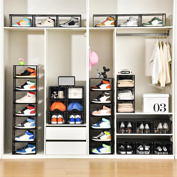 Stebopum 12 Pack Stackable Shoe Storage Organizer with Magnetic Door, Shoe Boxes Clear Black Plastic for Closet, Shoe Rack for Sneaker Boot Container, Shoe Cabinet Fit up to US Size 12 - Image 9