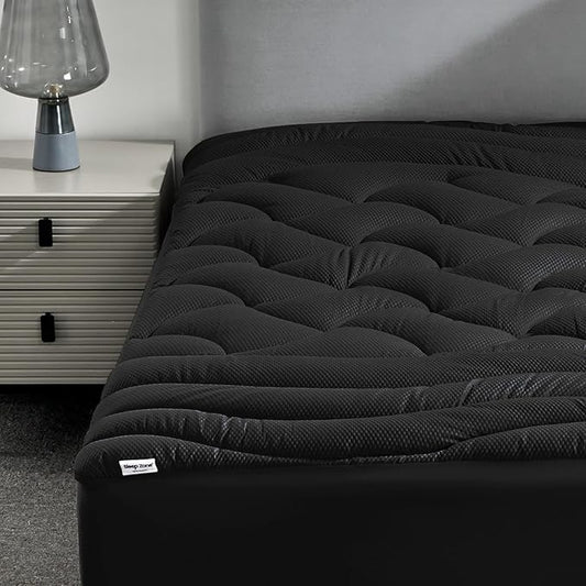 SLEEP ZONE Cooling Queen Mattress Topper, Premium Zoned Cool Mattress Pad Cover, Padded Mattress Protector Breathable Washable, Deep Pocket 8-21" (Black, Queen)