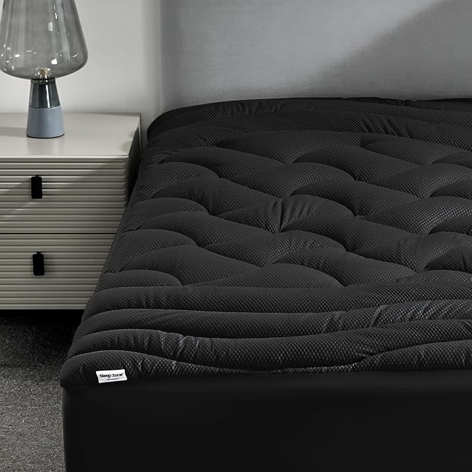 SLEEP ZONE Full Size Cooling Mattress Topper for Double Bed, Premium Zoned Cool Mattress Pad Cover, Padded Mattress Protector Breathable Washable, Deep Pocket 8-21" (Black, Full)