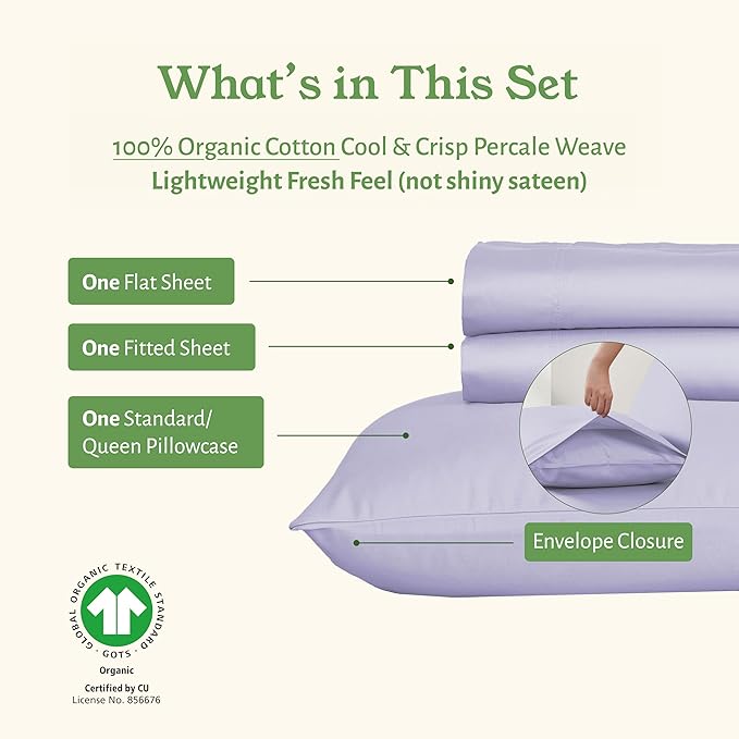 California Design Den Soft 100% Organic Cotton Bed Sheets Twin XL Size Set - Crisp Percale Organic Sheets, Deep Pockets, Durable Bedding Set for Dorms, Hospitals - Lavender Mist