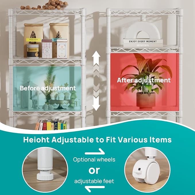 SINGAYE 4 Small Shelves Storage Shelf Wire Shelving Unit Metal Shelf Adjustable Organizers Storage Shelving with Wheels for Bathroom Laundry Room Kitchen Pantry11.5”D x 17.3”W x 44.5”H White - Image 7