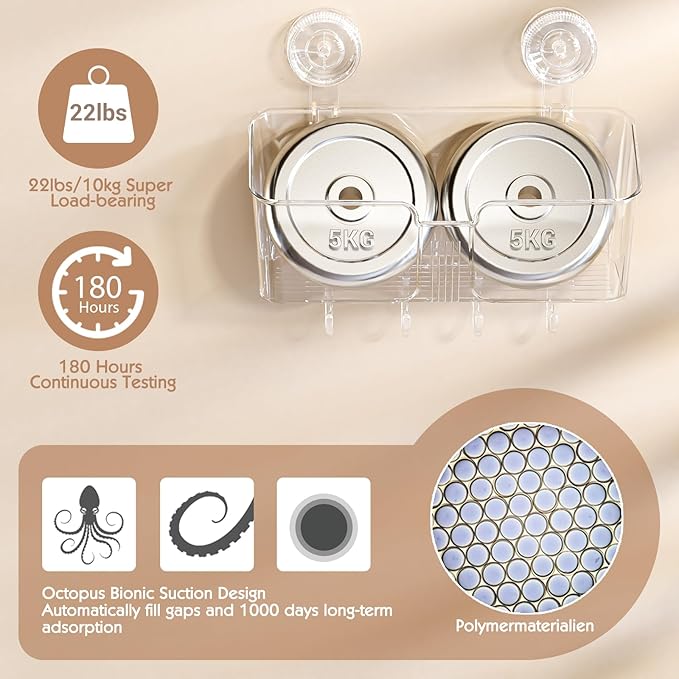 LUXEAR Clear Shower Caddy Suction Cup, No Drilling Removable Shower Shelf, Max Hold 22lbs Suction Bathroom Caddy, One Second Installation Waterproof Suction Shower Organizer for Bathroom Kitchen - Image 2