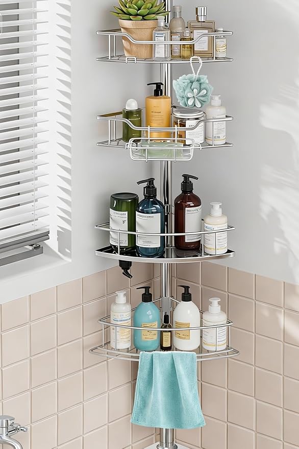 Corner Shower Caddy Tension Pole Rustproof, 4 Tier Adjustable Shower Organizer Tension Pole, 25-125 Inch Bathroom Shower Organizer for Bathtub Shampoo Storage, Silver by Dimyno