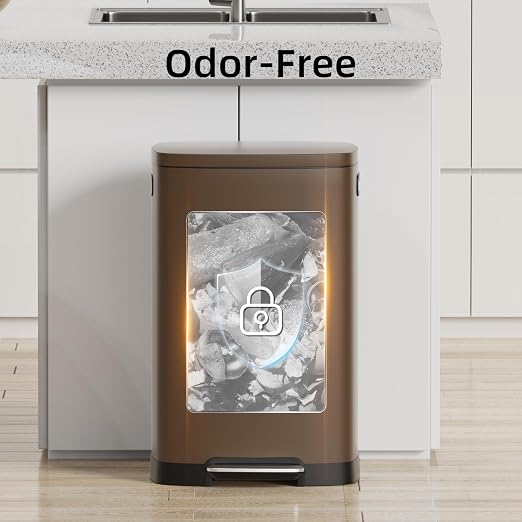 KUK 13 Gallon Kitchen Trash Can with Lid, 50L/13Gal Office Step Garbage Can for Home, Kitchen, Laundry Room, Office, Brushed Stainless Steel, Brown - Image 5