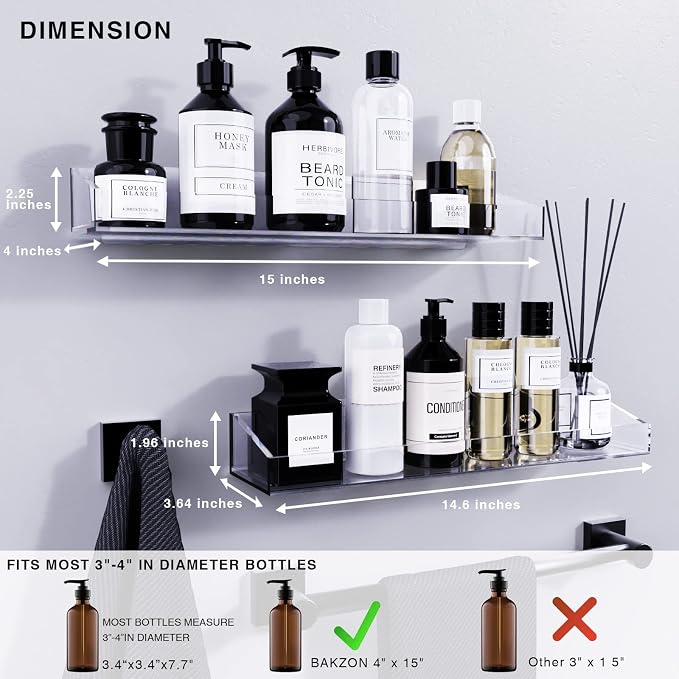 Bakzon Acrylic Shower Shelves 2 Pack, Adhesive Bathroom Shelves No Drill, Clear Acrylic Shower Caddy Wall Mounted Organizer for Inside Shower, Bathroom Storage Shelf - Image 2