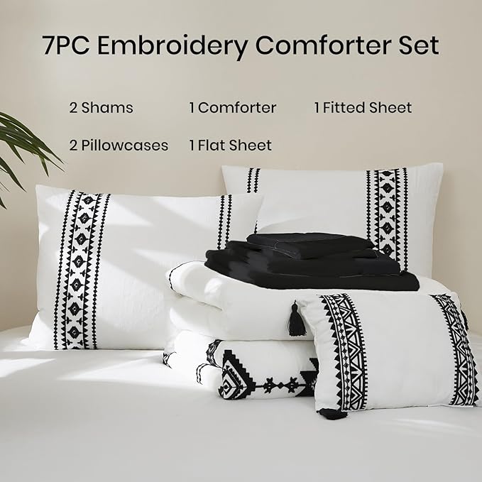 MaiRêve Embroidery Comforter Set, Boho Farmhouse Western Bedding Set, All Season Bed in A Bag Comforter Set with Sheets, Pillowcases & Shams, White Full 7 Pieces