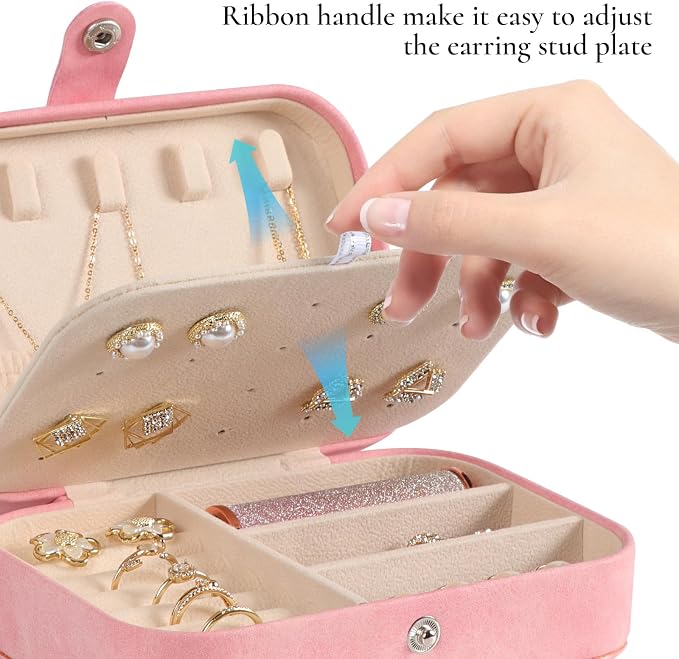 Hatori Travel Jewelry Box, PU Leather Small Jewelry Organizer for Women Girls, Portable Mini Travel Case Display Storage Holder Boxes for Stud Earrings, Rings, Necklaces, Bracelets (Pink Beige) - Image 4
