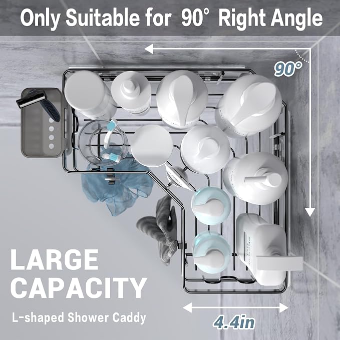 AKTECKE Corner Shower Caddy, 2 Pack Adhesive Shower Corner Organizer Shelves, No Drilling Stainless Steel Shower Storage Rack with Hooks&Toothpaste Holder for Bathroom Kitchen （for 90° Corners Only） - Image 3