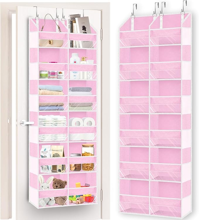 Over The Door Organizer 6 Tiers, Extra Large Behind Door Storage of 12 Compartments, 80 lbs Weight Capacity Hanging Storage Organizer with Clear Window Kids Toys,Shoes,Diapers,Room Storage,Pink by Ofiray-home