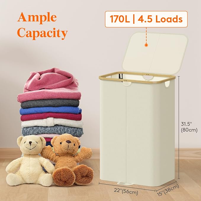 Lifewit 170L Double Laundry Hamper with Lid, Large Laundry Basket with Removable Bag & Bamboo Handles, Fodable Tall Dirty Clothes Hamper for Laundry Collapsible Bin for Bathroom Bedroom Dorm, Beige - Image 2