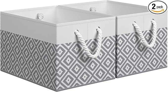 StorageTastic Storage Bins, 2-Pack Large Storage Box with Rope Handles, Collapsible Storage Basket for Organizing Books, Clothes, Rhombic Grey by StorageTastic
