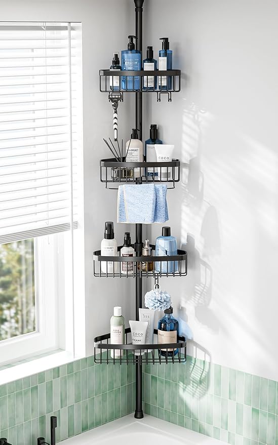 Corner Shower Caddy Tension Pole: Adjustable Rustproof 4-Tier Inside Bathroom Organizer - 47-121 inch Quick Installation Bathtub Shelves for Shampoo Storage - Rod Floor Standing Bath Rack - Black by ESSEMELLC