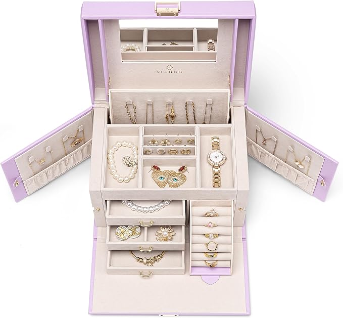 Vlando Mirrored Jewelry Box Organizer, Leather Jewelry Storage Case, Necklaces Earrings Rings Brackets Box Holder, Purple - Image 6