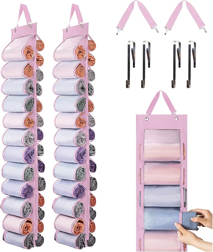 DHSFKBE Legging Organizer Storage, 2PCS T Shirt Organizer, Foldable Hanging Closet Organizer Storage with 26 Roll Independent Compartments for Yoga Pants, Tank Top, Towel, Underwear (Pink) by DHSFKBE