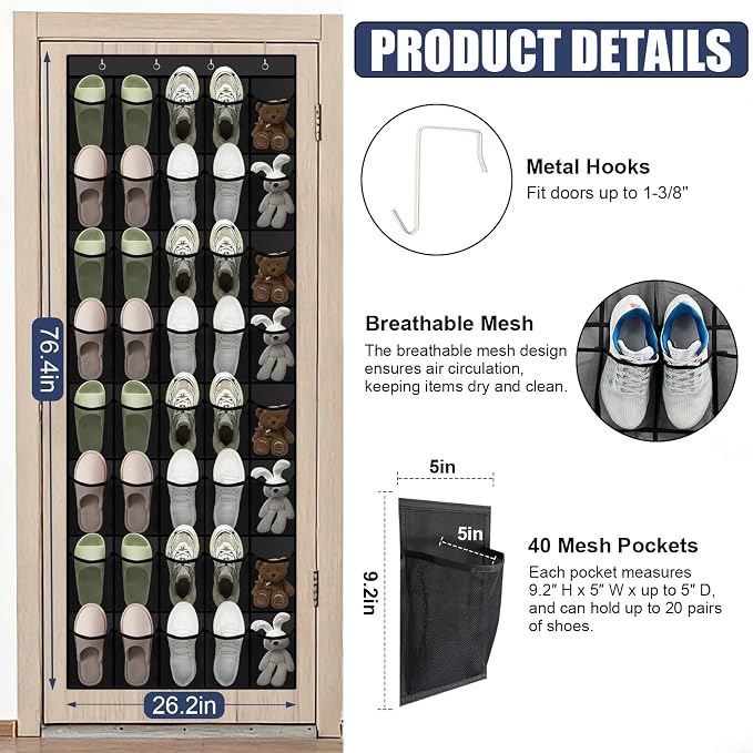 Over the Door Shoe Organizer - 40 Large Breathable Mesh Pockets, Space Saving Hanging Shoe Organizer with Metal Hooks, Hanging Shoe Rack for Men's and Women's Shoes (Black) - Image 4