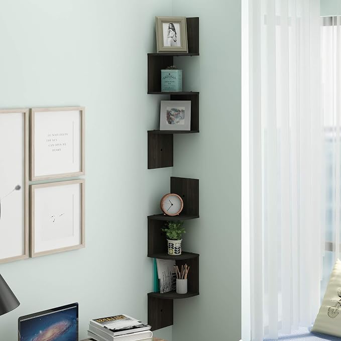 Furinno Rossi Wall Mount Floating Corner Shelf, 3-Tier Radial Set of 2, Espresso - Image 2