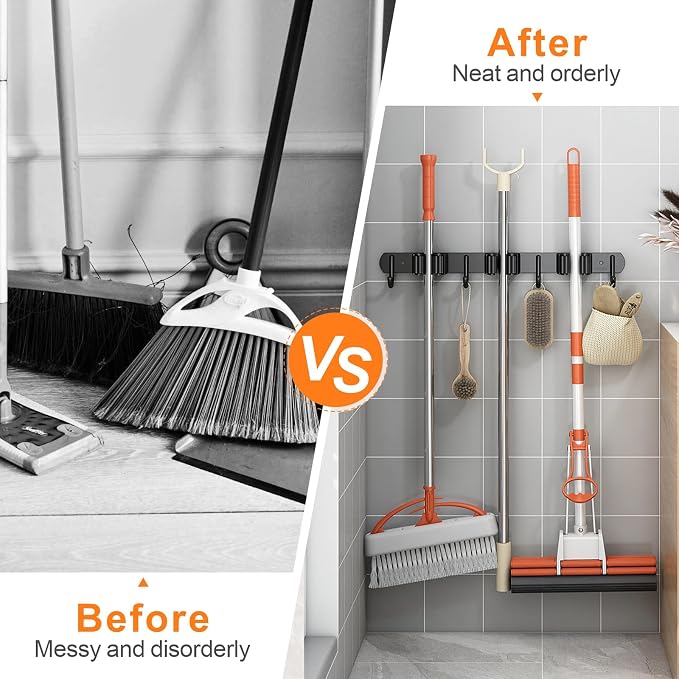 CUXIXA Mop and Broom Holder Wall Mount, Upgraded Broom Organizer Wall Mount, Stainless Steel Broom Hanger Wall Mount for Home Kitchen Garden Laundry Garage (5 Racks with 4 Hooks Black) - Image 3