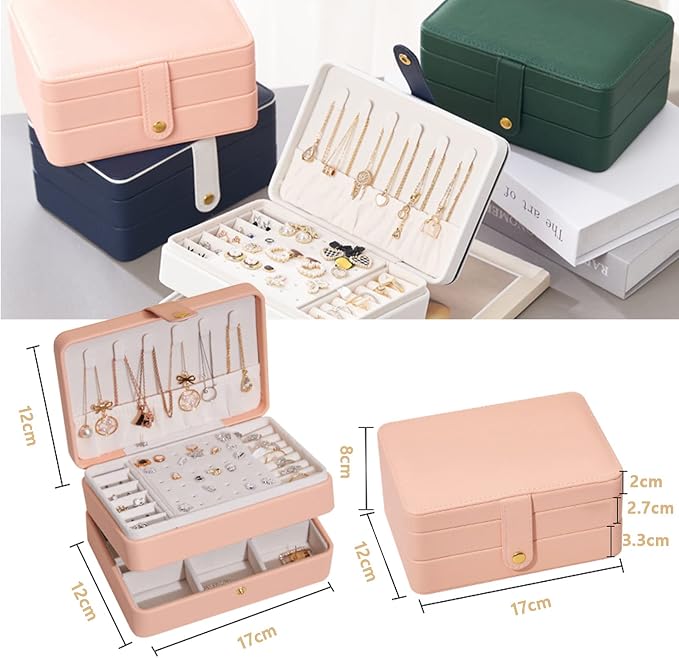 KOOAAICCHI Small Jewelry Box, Travel Jewelry Organizer, Portable Jewelry boxes for Women Girls Gift, Double Layers PU Leather Jewelry Holder for Rings, Earrings, Necklaces-Pink - Image 5