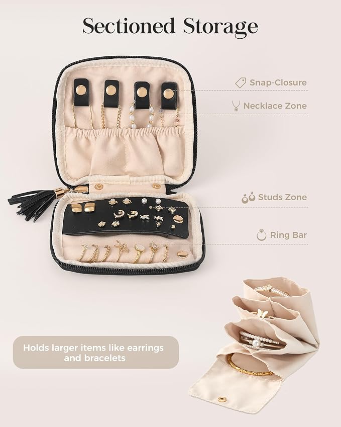 Lolalet Travel Jewelry Case Organizer, Small Jewellery Pouch with Compartments for Storage, Soft Velvet Bag for Traveling Women, Full-Zip Packing for Necklaces, Earrings, Bracelets -Black - Image 4