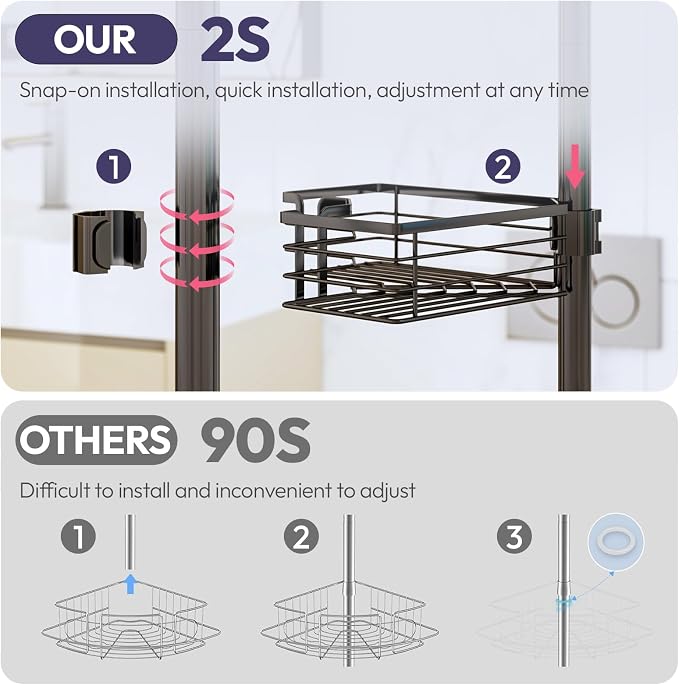 SWTYMIKI Shower Caddy Tension Pole - 4-Tier Corner Shower Organizer Tension Rod with Soap Holder, Toothbrush Holder & 4 Hooks, Adjustable Stainless Steel Bathroom Organizer 27.6 to 108.3 inch, Black - Image 3