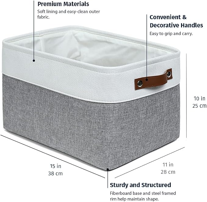 OrganiHaus Large Fabric Storage Baskets for Shelves 3 Pack, 15x11in Closet Storage Bins, Canvas Storage Bin for Organizing, Cloth Baskets, Linen Closet Organizers, Gray/Off-White - Image 2