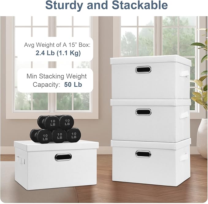 Graciadeco Medium 15" 21 Quart Collapsible Stackable Storage Bins with Lids, 3 Packs White Foldable Fabric Closet Boxes Heavy-duty Linen Cube Baskets Container for Bedroom Office (15 x 11 x 8) - Image 4
