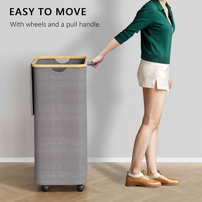 SUOCO Laundry Hamper on Wheels 100L, Clothes Basket with Lid and Bamboo Handles, Foldable Laundry Hamper for Bedroom, Bathroom, Dorm, Laundry Room - Grey - Image 3