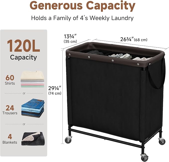 StorageWorks 3 Section Laundry Hamper, Rolling Laundry Cart with Wheels and Handles, Laundry Room Double Sorter for Organizer and Storage, 31.7 Gal(120L), Black - Image 3