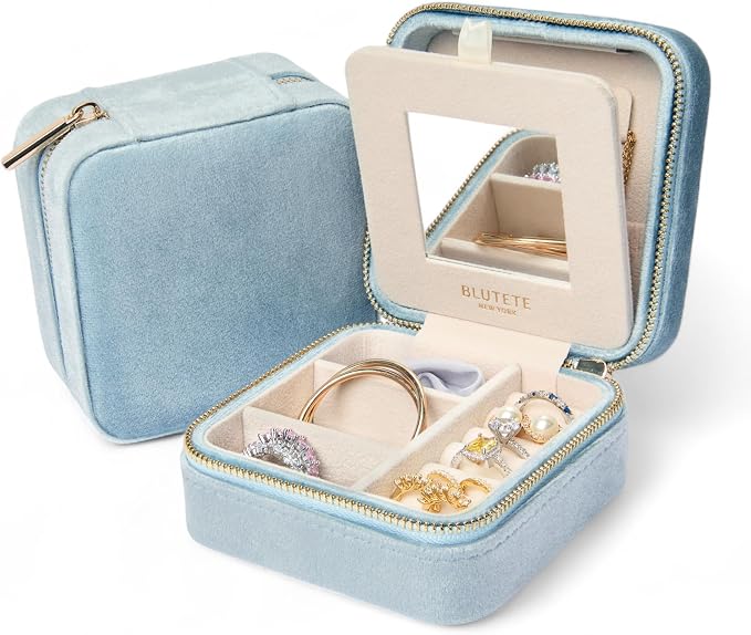 BLUTETE Travel Jewelry Box Organizer Velvet Travel Case With Mirror Ring Earrings Necklaces Storage Organizer Box (Sky Blue) by BLUTETE