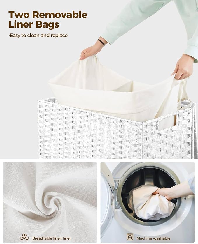 Greenstell Laundry Hamper with Wheels, No Install Needed, 110L Divided Handwoven Hampers & 2 Removable Liner Bags, Rattan Clothes Laundry Basket with Lid & Handles, Foldable Hampers White - Image 4