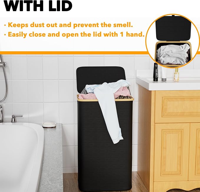 SpaceAid Laundry Hamper with Lid, 110L Large Tall Clothes Basket Bin with Bamboo Handles, Collapsible Laundry Hamper for Bedroom, Bathroom, Dorm, Laundry Room - Black - Image 3