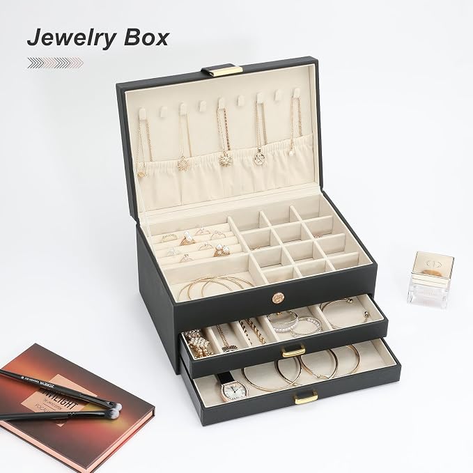 Jewelry Holder Organizer, Leather Jewelry Set Box with 2 Drawers, Jewelry Storage Box for Women Girls(Black) - Image 5