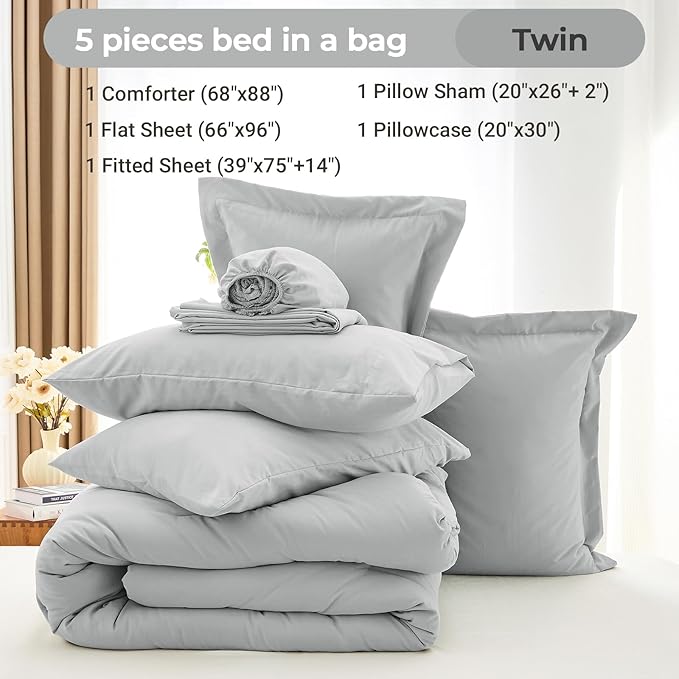 MUXHOMO 5 Pieces Twin Comforter Set, Soft Bed in a Bag Twin Size, All Season Bedding Set with Comforter, Flat Sheet, Fitted Sheet, Pillowcases & Shams, Light Grey