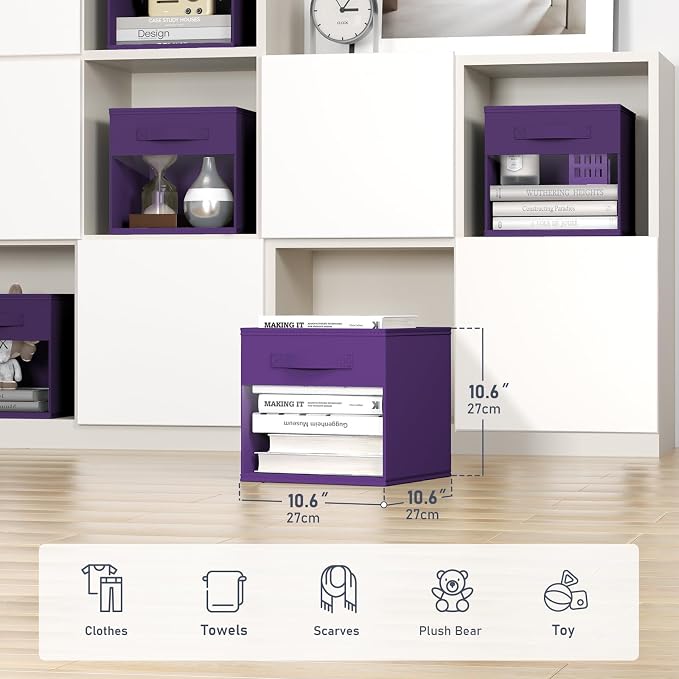 DIMJ Storage Cubes, Cube Storage Bin, 8 Pack Foldable Baskets with Window, Closet Storage Bins with Handle, 11x 11 inch Storage Cubes for Clothes, Toys, Books (Purple) - Image 2