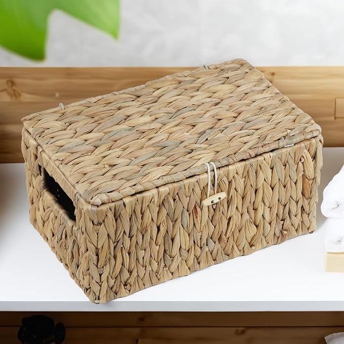 Water Hyacinth Baskets for Organizing, Rectangular Wicker Basket with Lid, Storage Baskets Bins with Built-in Handles for Shelf, Decorative Woven Basket Boxes for Storage Home Organizer Decor - Image 5