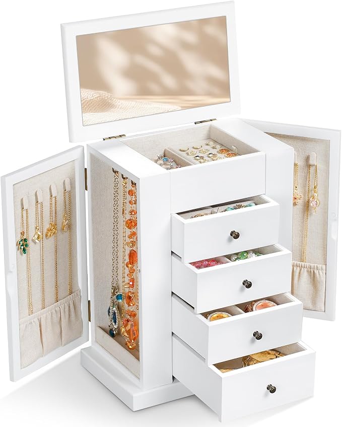 Emfogo Jewelry Box for Women, 5 Layer Large Wood Jewelry Boxes & Organizers for Necklaces Earrings Rings Bracelets, Rustic Jewelry Organizer Box with Rattan, Drawers and Mirror(Vintage White) by Emfogo