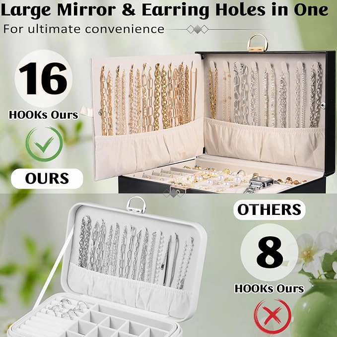 3 Layer Jewelry Boxes for Women with Mirror Large Jewelry Holder Organizer with 2 Jewelry Organizer Drawer PU Lockable Elegant Unique Gifts for Women, Black - Image 3