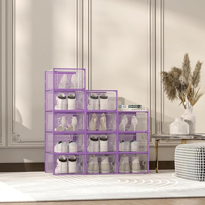 Kuject X-Large Shoe Storage Boxes Organizers Clear Plastic Stackable 12 Pack, Shoe Rack & Holder Substitute, Sneaker Containers, Toy Storage Organizer Bins for Entryway, Closet, Under Bed, Purple - Image 7