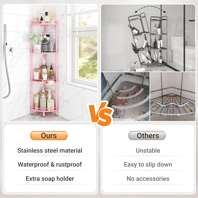 ELYKEN Corner Shower Caddy Standing, 4 Tier Rustproof Metal Shower Organizer with Soap Holder, Floor Shower Corner Shelf Rack Storage Stands with Adjustable Feet & 2 Hooks for Bathroom, Pink - Image 7