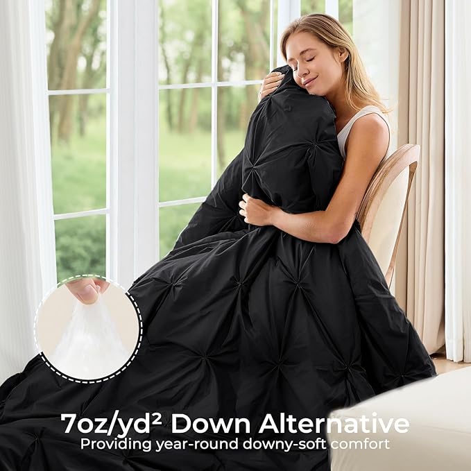 Sasttie Twin XL Comforter Set, 5-Piece Bed in a Bag, Pintuck Bedding Sets for All Season, Includes Comforter, Flat Sheet, Fitted Sheet, Pillowcase and Pillowsham, Black