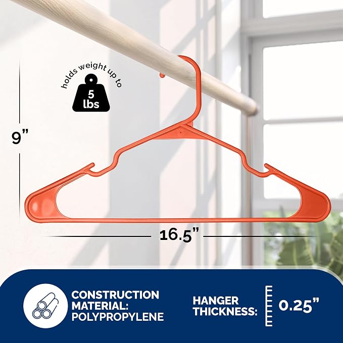 Closetselect Plastic Hangers 50 Pack - Space Saving Clothes Hangers, Made in USA, Durable & Strong Plastic Shirt & Coat Hanger with Notches & Shoulder Grooves, Non-Slip Hangers | Bright Orange - Image 3