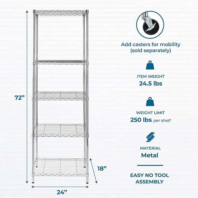 Honey-Can-Do 5-Tier Heavy Duty Adjustable Shelving Unit, 250-lb Per Shelf NSF Certified Metal Storage Rack, Chrome Wire Shelf for Kitchen Pantry Garage, 24 x 18 x 72 in - Image 3