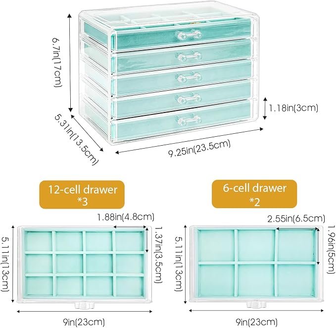 ProCase Earring Holder Organizer Jewelry Box with 5 Drawers, Acrylic Clear Earring Case with Adjustable Velvet Trays for Women - Aqua, 5 Layers - Image 4
