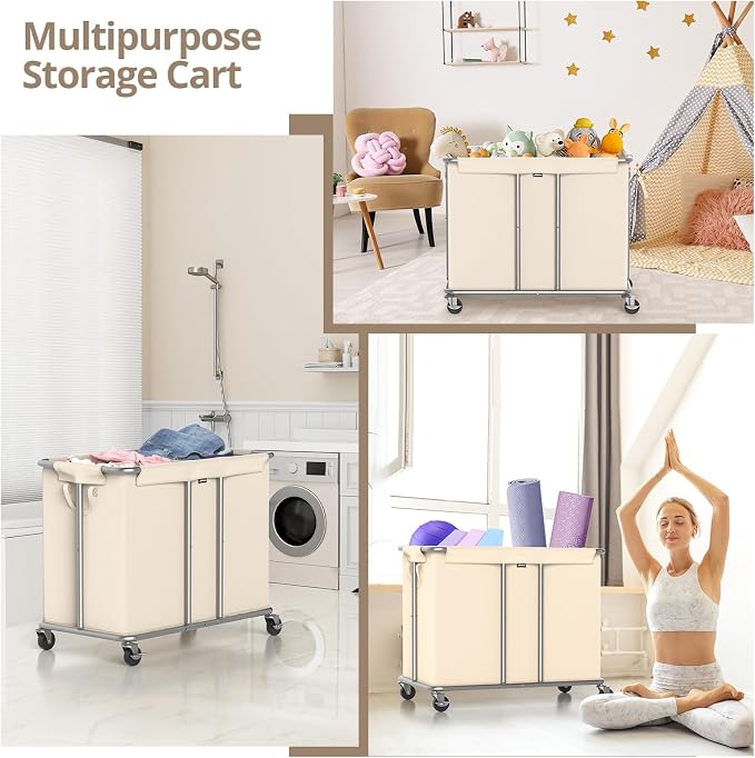 Hodonas 230L Rolling Laundry Hamper, 2-Section Laundry Basket with Wheels, 61 Gallons Laundry Sorter with Metal Structure and Removable Liner, Clothes Hamper for Laundry Room, Bathroom, Bedroom, Beige - Image 7