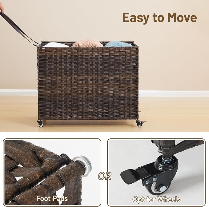 Laundry Hamper with Wheels, 52.8 Gallon(200L) Rolling Laundry Basket with Lid, 3-Section Rattan Clothes Hamper with 3 Removable Liner & 3 Mesh Bags, Laundry Sorter with Side Pocket, Brown - Image 6
