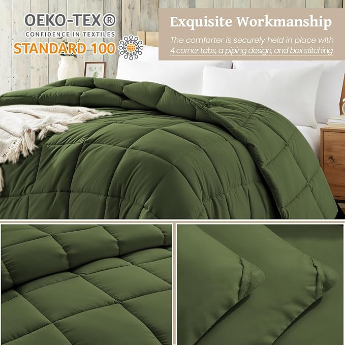 Homelike Moment Comforters Queen Size - Olive Green Duvet Insert Down Alternative Bed Queen Comforter, Lightweight Bedding Comforters Full Size Quilted Soft All Season Olive Green