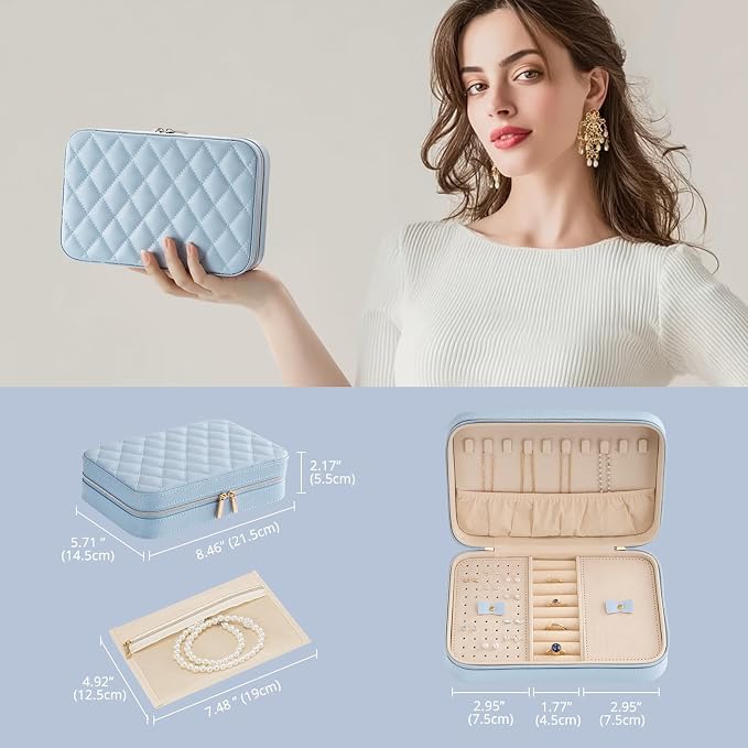 Lolalet Travel Jewelry Case for Women Girls, Travel Jewelry Organizer Box with Mirror & Clear Storage Bag, Small Portable Earring Necklace Bracelet Ring Case, Birthday Valentine Gifts -Medium, Blue - Image 7