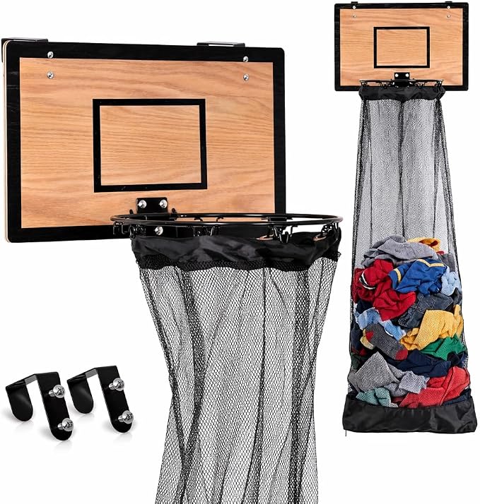 Wooden Basketball Hamper - Hoop Laundry Basket Over the Door - Room Decor by Fury+Strike