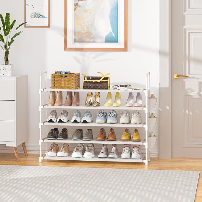 OYREL 5 Tier Shoe Organizer, 33.3in Wide x 11.2in Deep x 35.6in Tall, Black Metal and Plastic Shoe Rack with Side Bag, Holds 20-25 Pairs of Shoes - Image 2